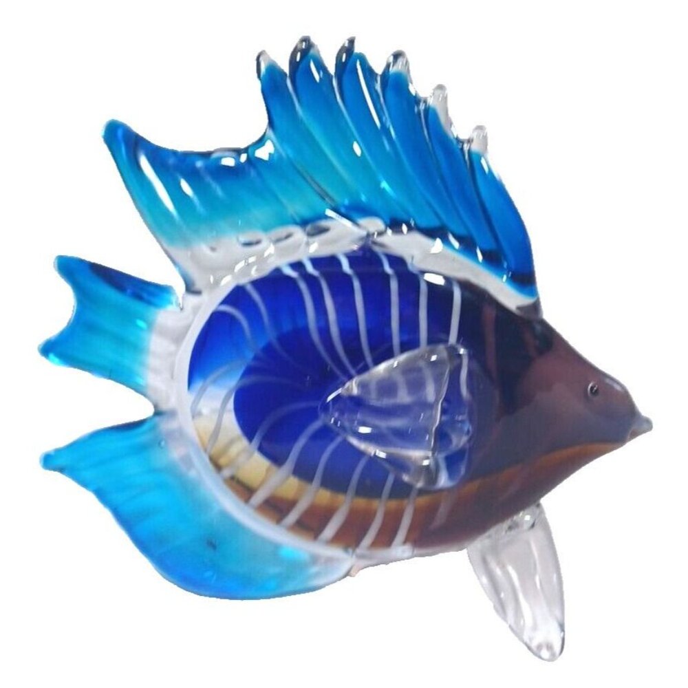 Large Rare Tetra Cobalt Turquoise Angel Fish Murano Sculpture 10" X 8.5 Vintage - Picture 9 of 14